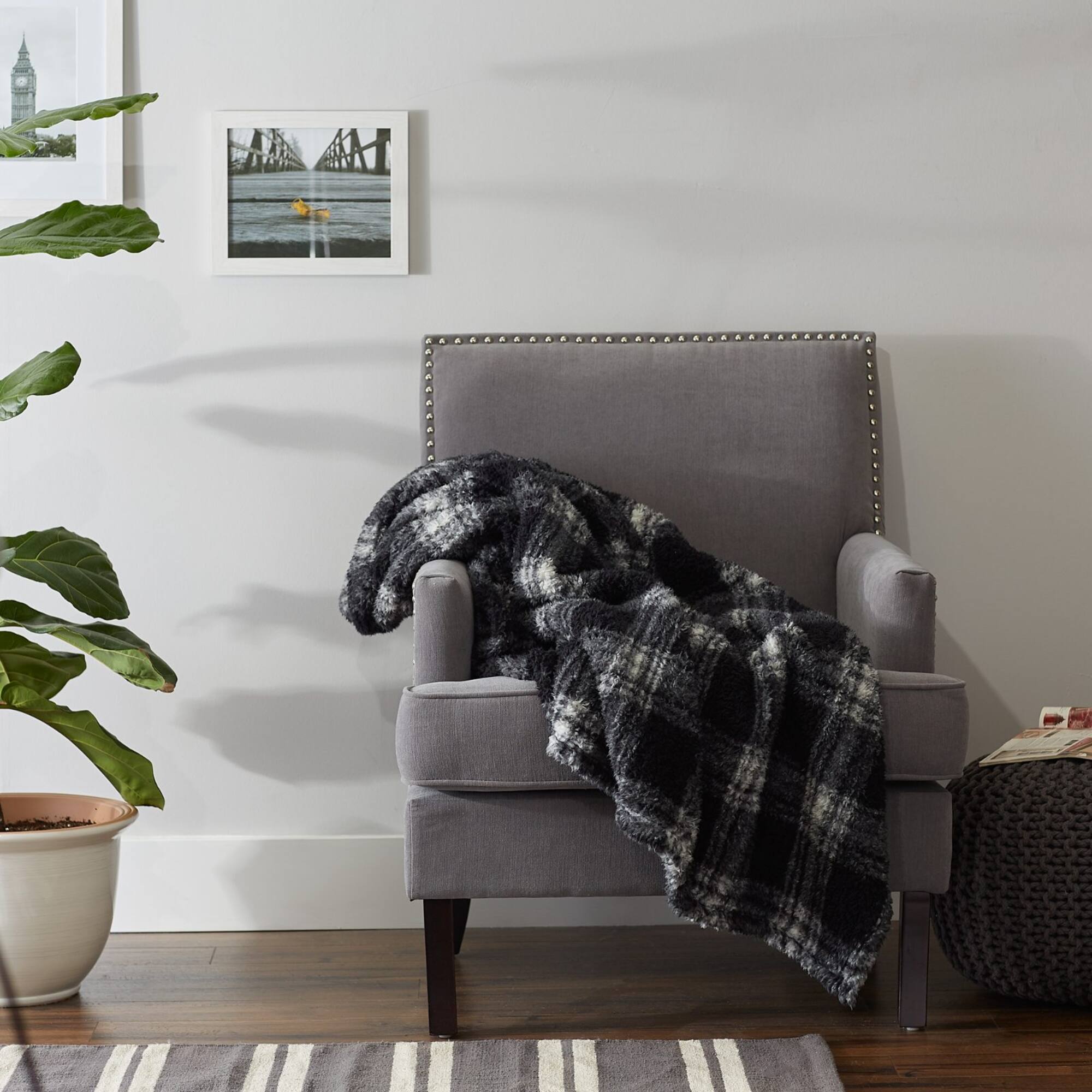 DII® Black Farmhouse Plush Plaid Throw
